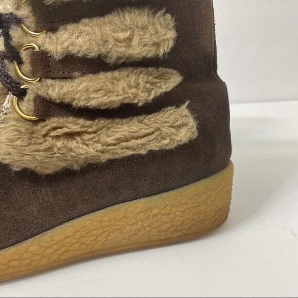 Quoddy Brown Suede Faux Fur Wool Lined Lace Up Moccasin Boots - Picture 6 of 15